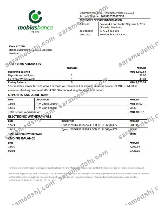 Moldova Mobiasbanca bank statement template in Word and PDF format
